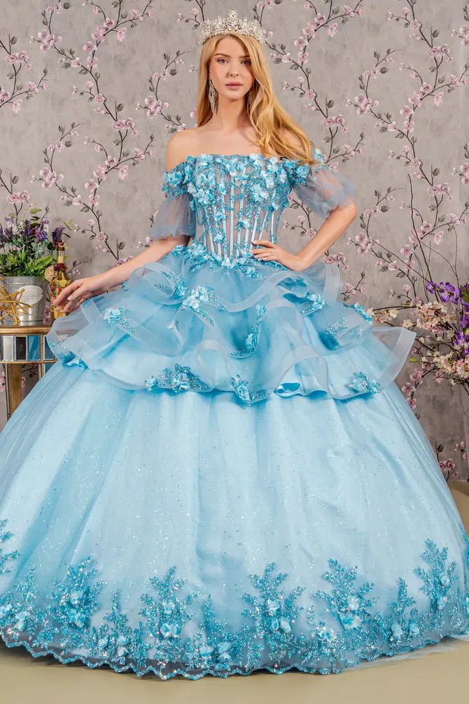 3-D Flower Applique Sheer Bodice Quinceanera Gown w/ Ruffle Skirt by Tux-USA