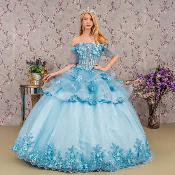 3-D Flower Applique Sheer Bodice Quinceanera Gown w/ Ruffle Skirt by Tux-USA