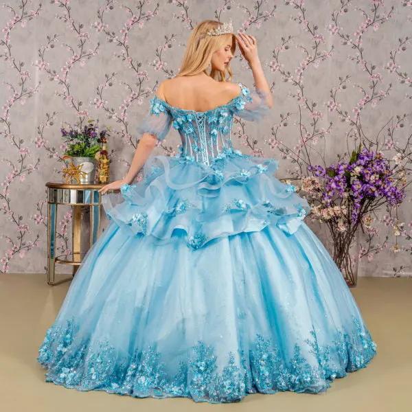 3-D Flower Applique Sheer Bodice Quinceanera Gown w/ Ruffle Skirt by Tux-USA