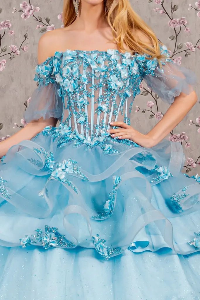 3-D Flower Applique Sheer Bodice Quinceanera Gown w/ Ruffle Skirt by Tux-USA