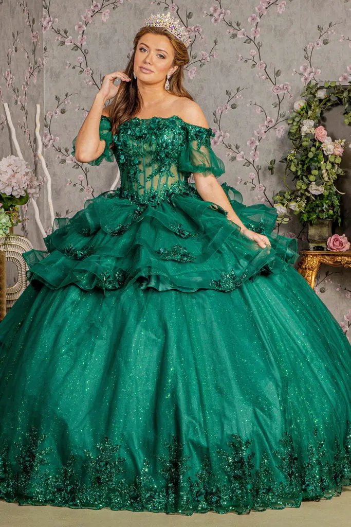 3-D Flower Applique Sheer Bodice Quinceanera Gown w/ Ruffle Skirt by Tux-USA