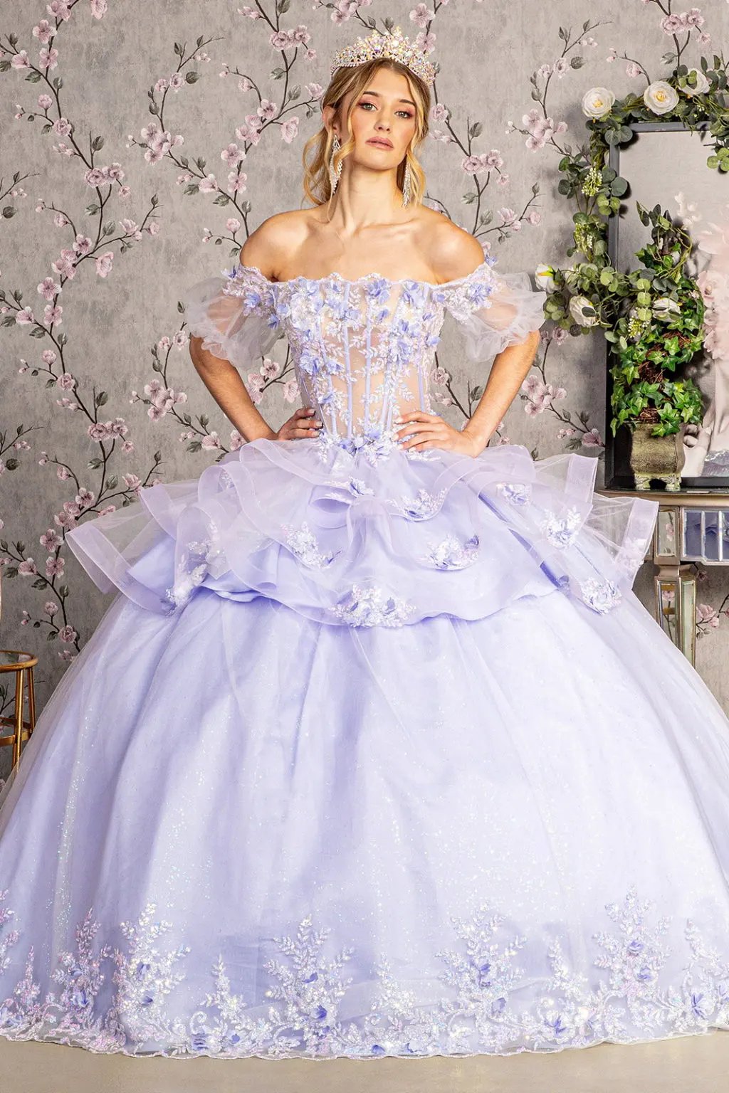 3-D Flower Applique Sheer Bodice Quinceanera Gown w/ Ruffle Skirt by Tux-USA