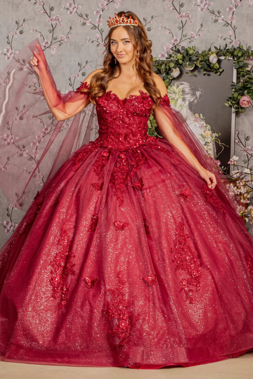 Jewel Glitter Mesh Quincenera Gown w/ Detachable Side Mesh Drapes by Tux-USA