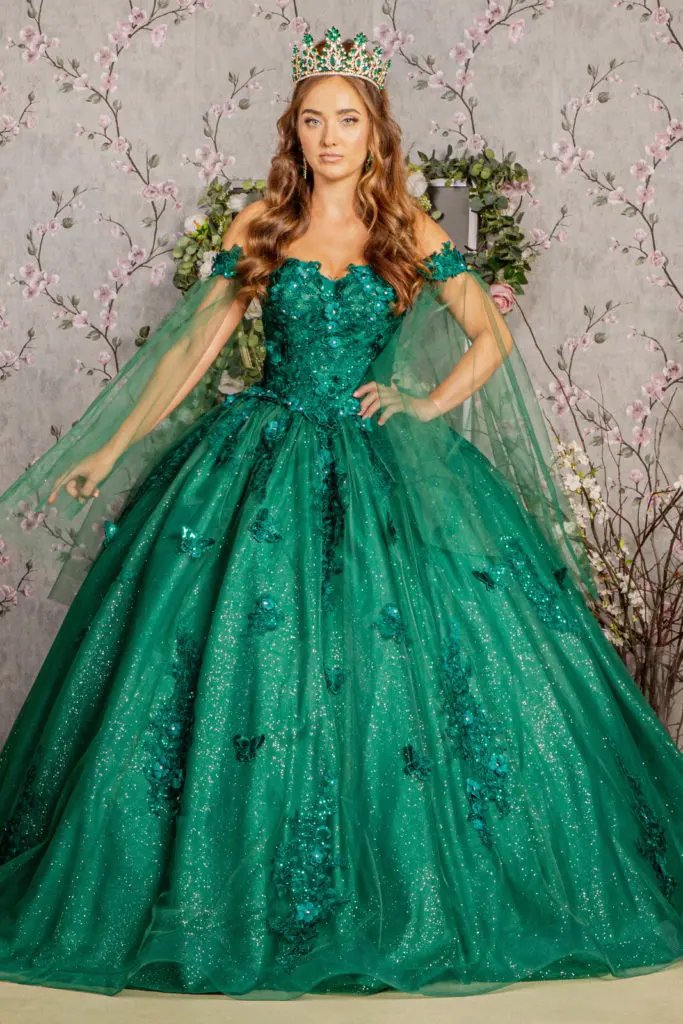 Jewel Glitter Mesh Quincenera Gown w/ Detachable Side Mesh Drapes by Tux-USA