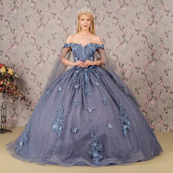 Jewel Glitter Mesh Quincenera Gown w/ Detachable Side Mesh Drapes by Tux-USA