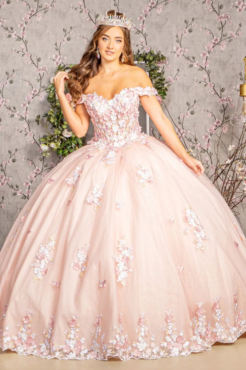 3-D Flower Applique Jewel Mesh Quinceanera Gown w/ Long Tail by Tux-USA
