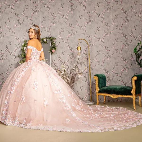 3-D Flower Applique Jewel Mesh Quinceanera Gown w/ Long Tail by Tux-USA