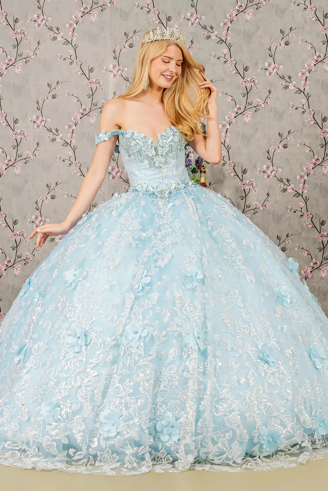 3-D Butterfly Applique Jewel Sequin Quinceanera Ball Gown by Tux-USA