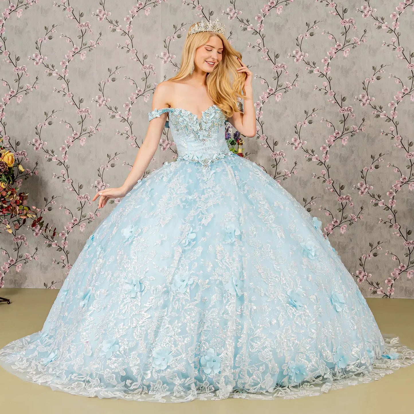 3-D Butterfly Applique Jewel Sequin Quinceanera Ball Gown by Tux-USA