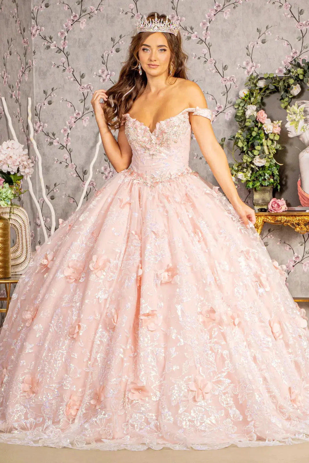 3-D Butterfly Applique Jewel Sequin Quinceanera Ball Gown by Tux-USA