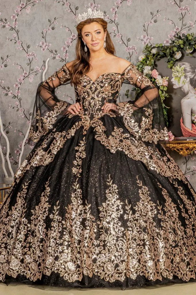 Gold Sequin Off Shoulder Mesh Ball Gown w/ Detachable Long Sleeves by Tux-USA