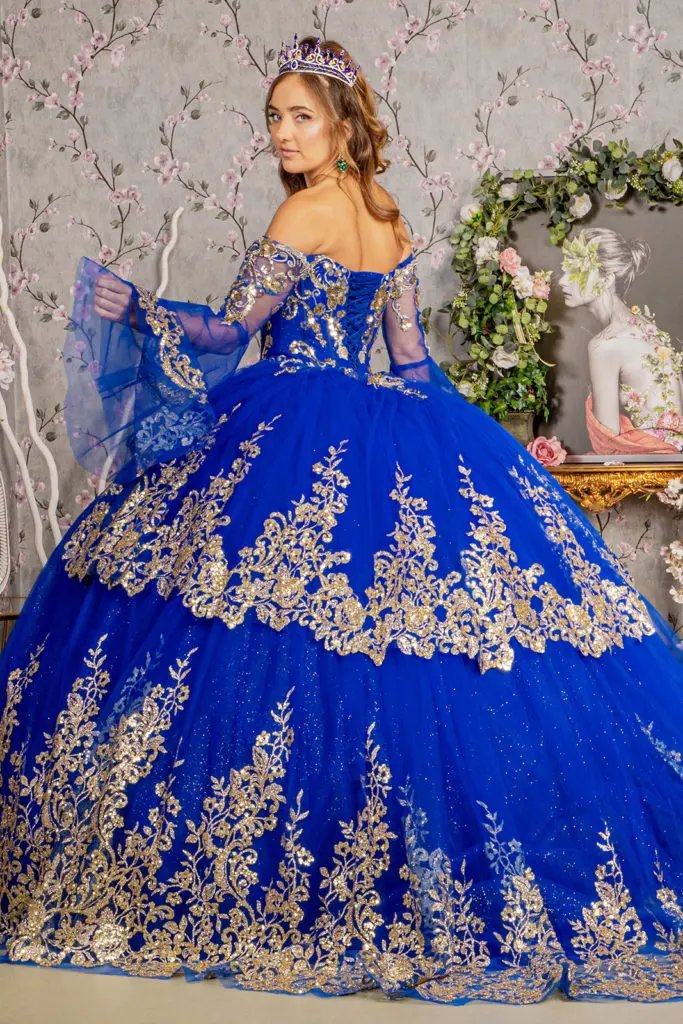 Gold Sequin Off Shoulder Mesh Ball Gown w/ Detachable Long Sleeves by Tux-USA