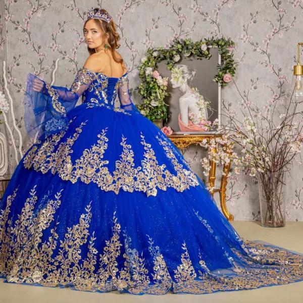 Gold Sequin Off Shoulder Mesh Ball Gown w/ Detachable Long Sleeves by Tux-USA