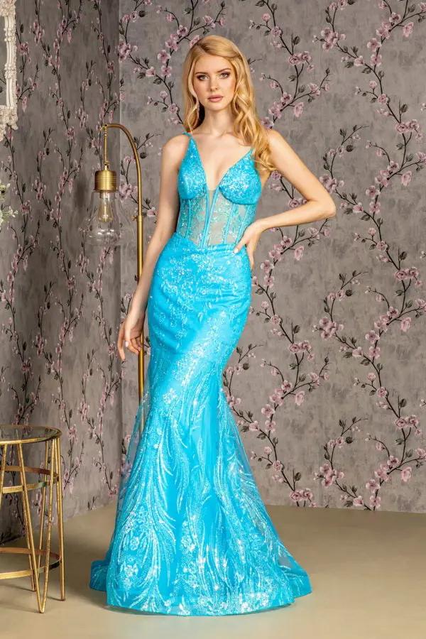 Glitter Sequin Sheer Corset Bodice Mesh Mermaid Long Dress by Tux-USA