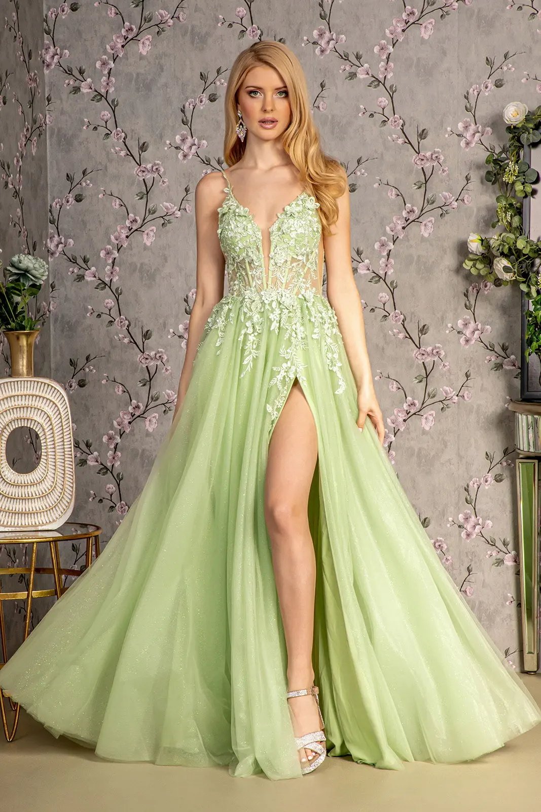 3-D Flower Glitter Sheer Bodice Mesh A-line Long Dress w/ Side Slit by Tux-USA