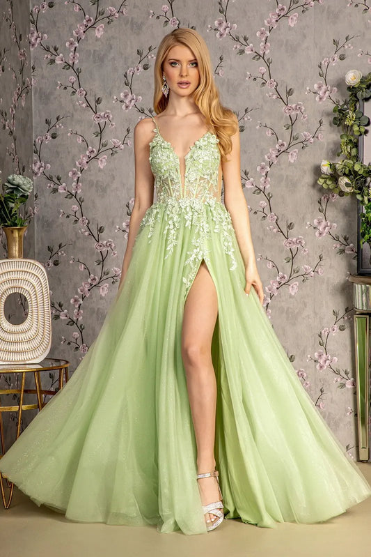 3-D Flower Glitter Sheer Bodice Mesh A-line Long Dress w/ Side Slit by Tux-USA