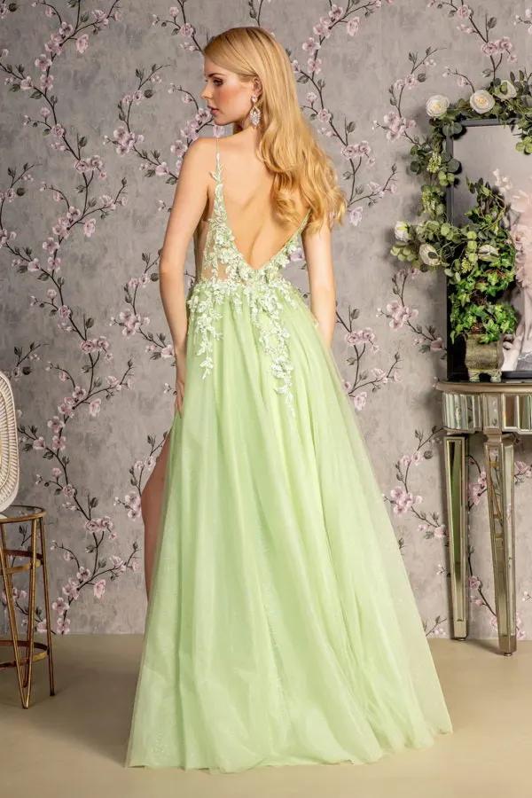 3-D Flower Glitter Sheer Bodice Mesh A-line Long Dress w/ Side Slit by Tux-USA