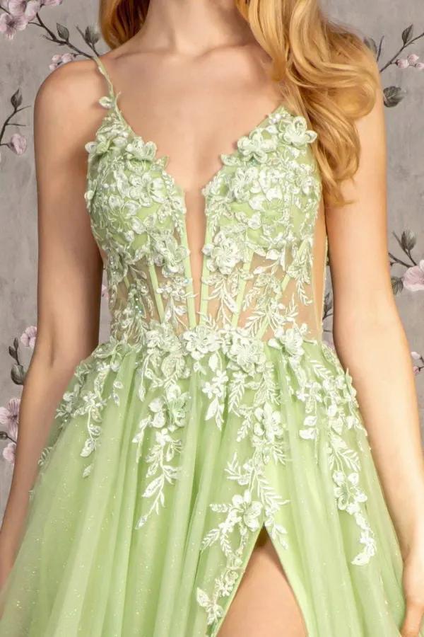 3-D Flower Glitter Sheer Bodice Mesh A-line Long Dress w/ Side Slit by Tux-USA