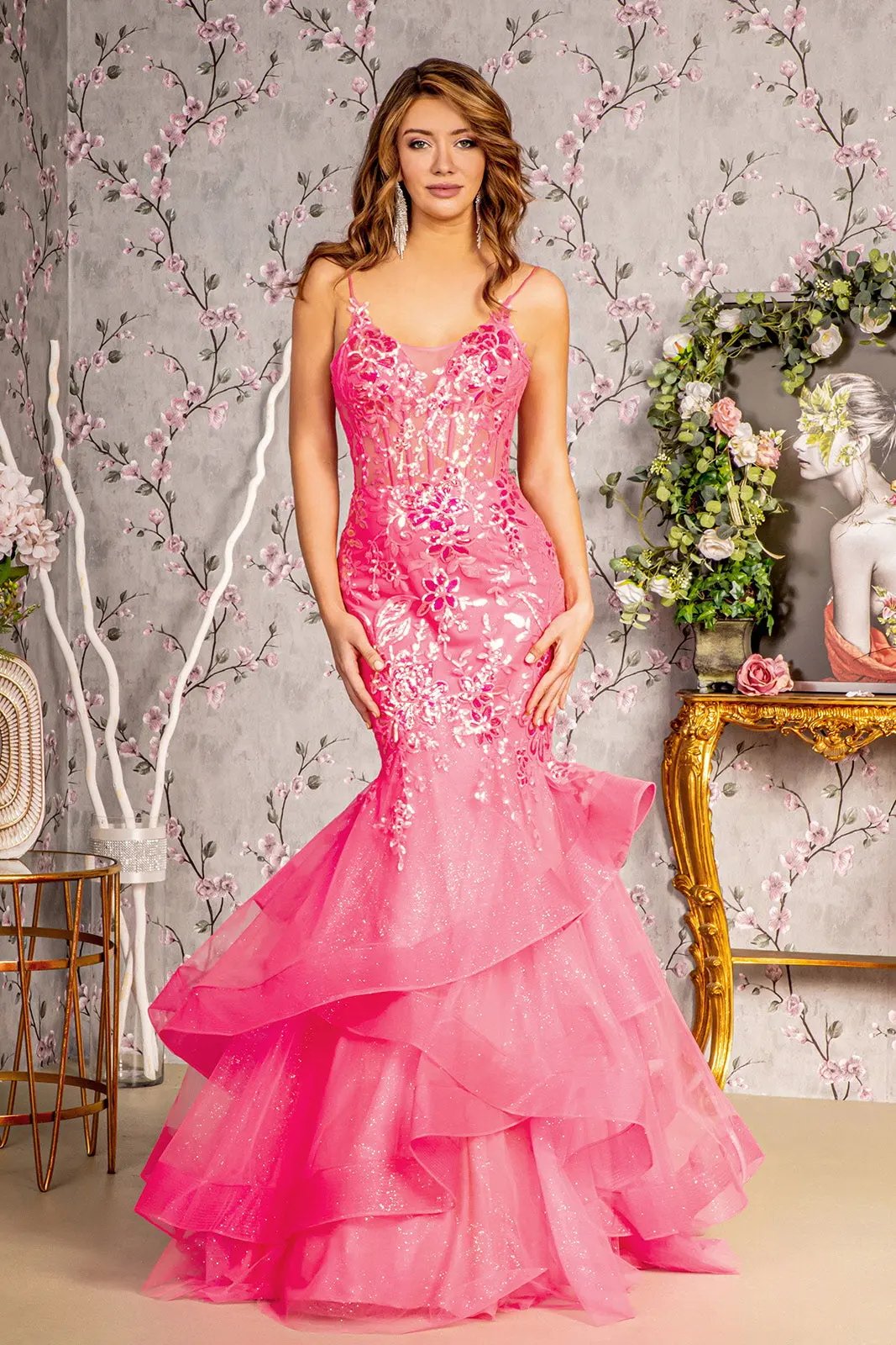Glitter Sequin Sheer Bodice Mesh Trumpet Long Dress w/ Ruffled Hem by Tux-USA