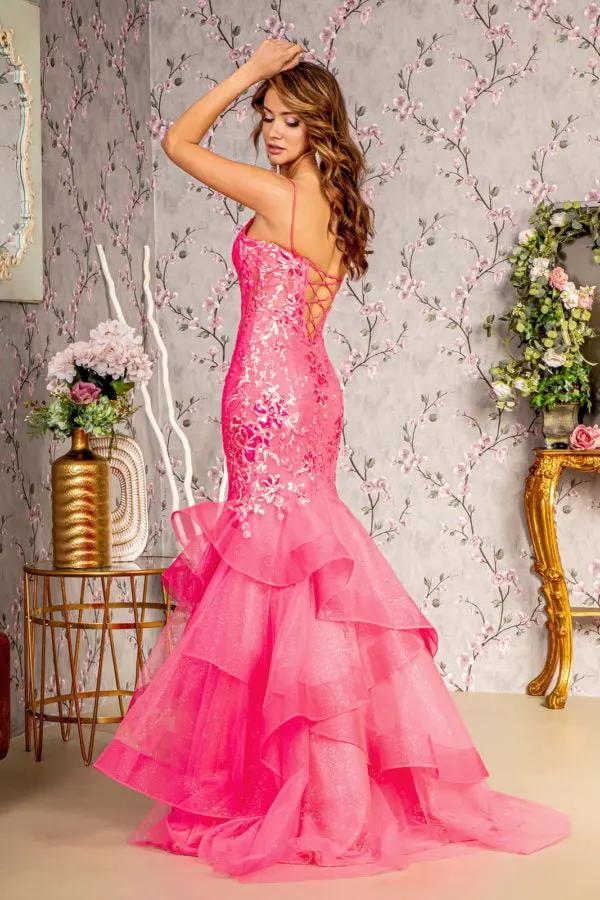 Glitter Sequin Sheer Bodice Mesh Trumpet Long Dress w/ Ruffled Hem by Tux-USA