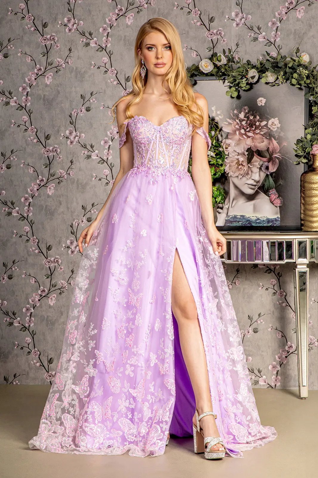 Bead Strapless Mesh A-line Long Dress w/ Detachable Sleeves by Tux-USA