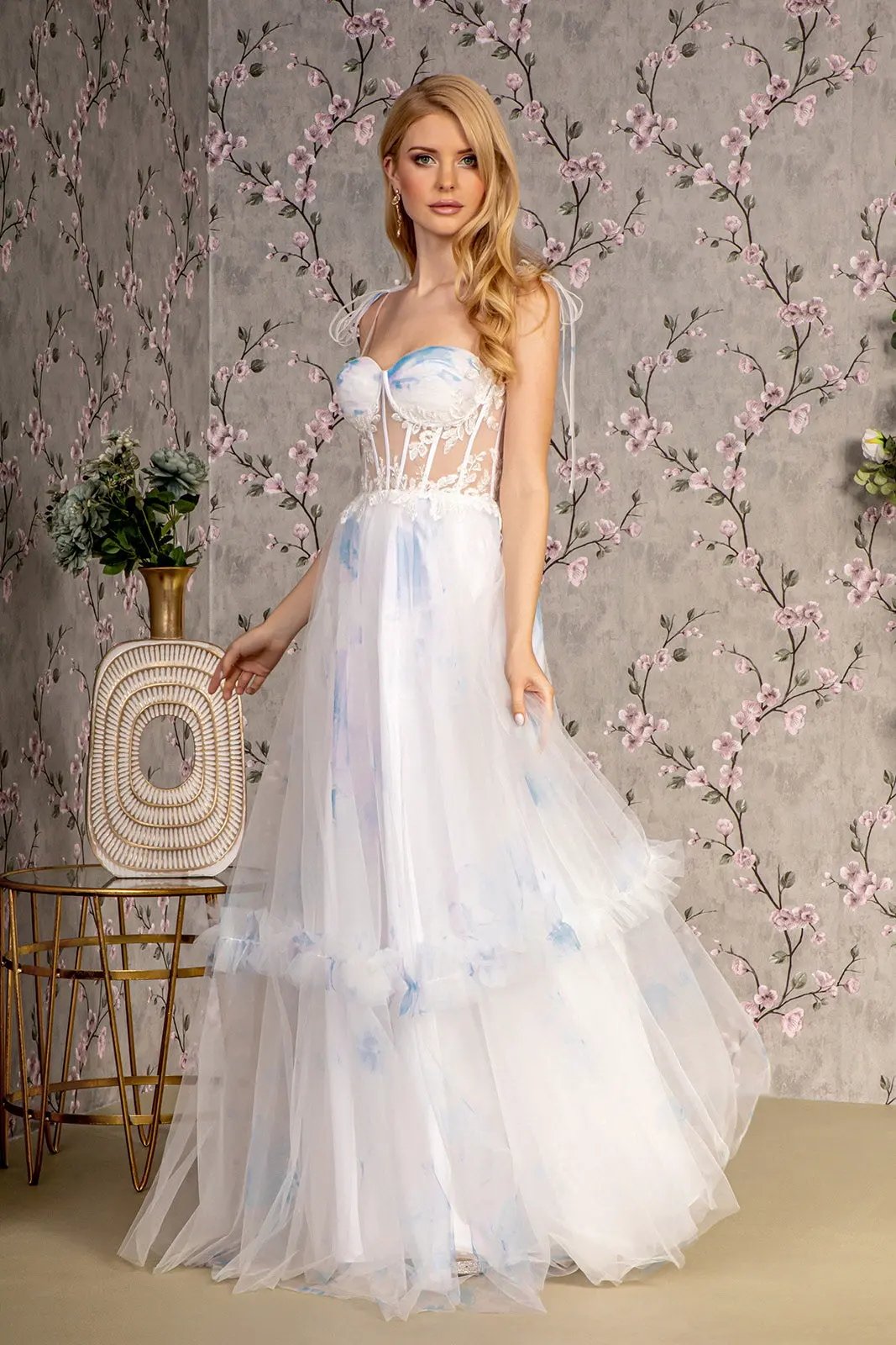 Embroidery Bead Tied Shoulder Mesh A-line Long Dress by Tux-USA