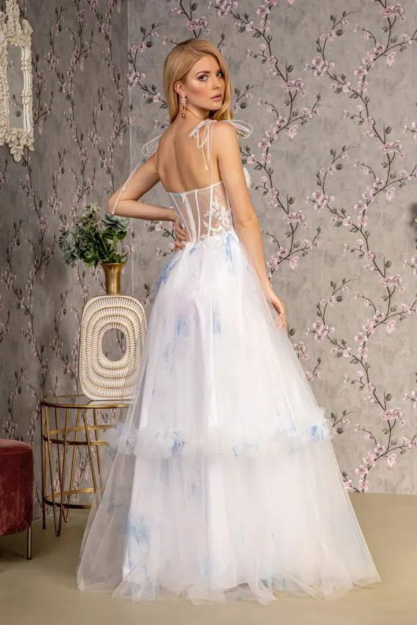 Embroidery Bead Tied Shoulder Mesh A-line Long Dress by Tux-USA