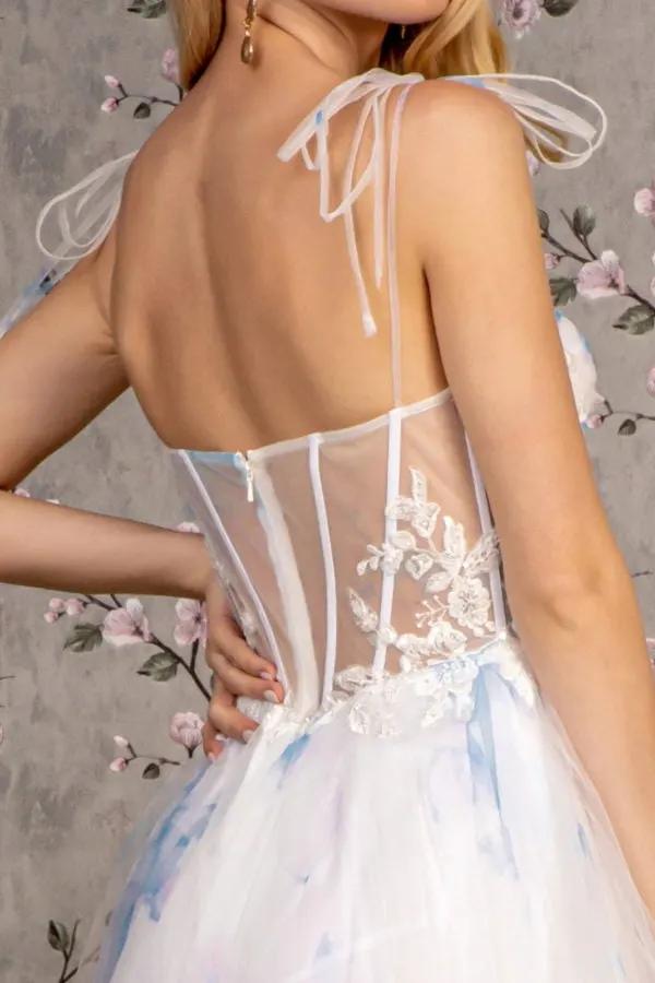 Embroidery Bead Tied Shoulder Mesh A-line Long Dress by Tux-USA