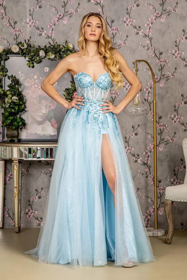 Sequin Strapless Sheer Bodice Mesh A-line Long Dress by Tux-USA