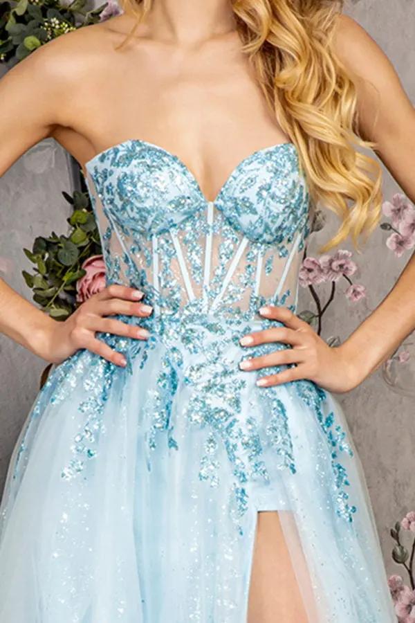 Sequin Strapless Sheer Bodice Mesh A-line Long Dress by Tux-USA