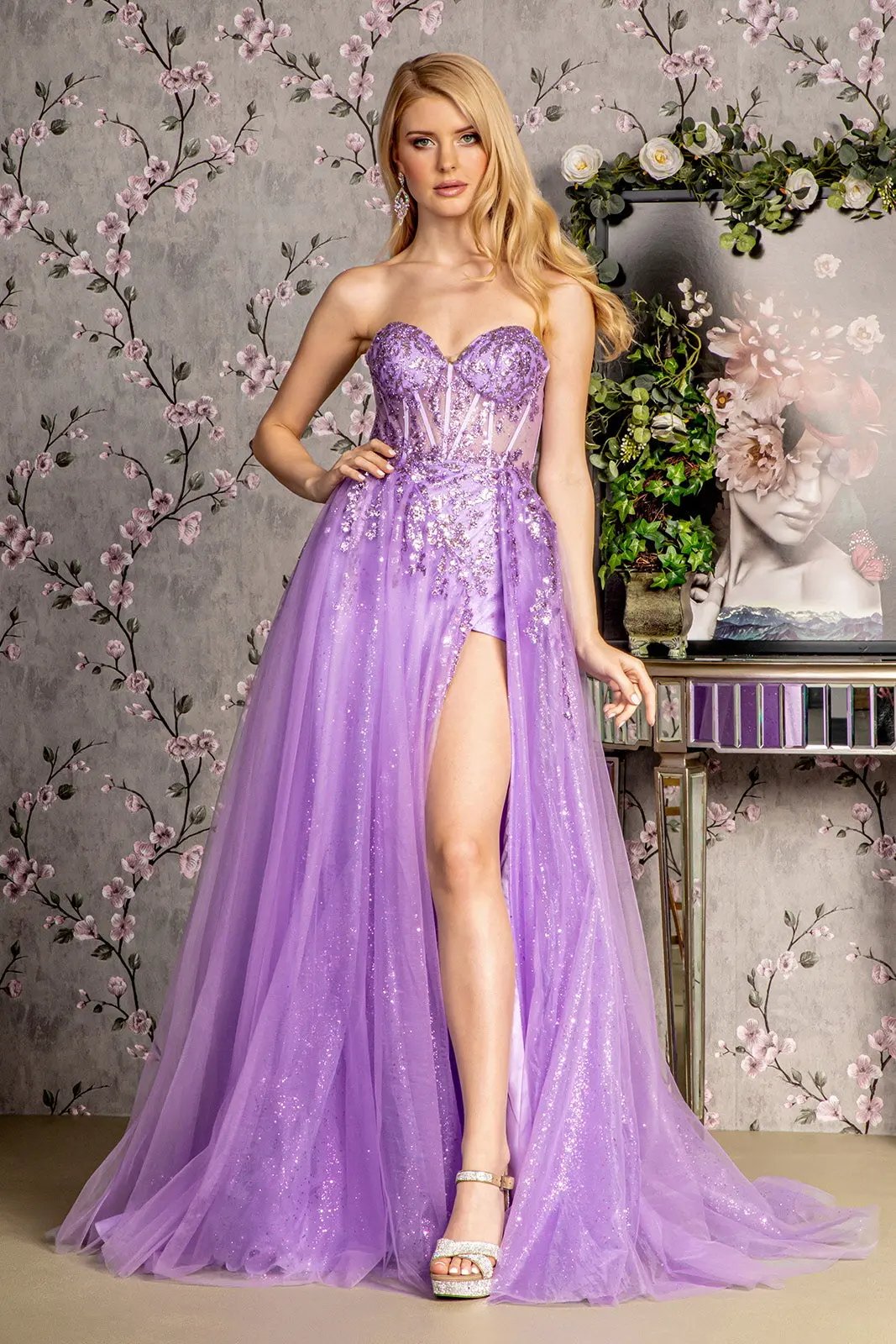 Sequin Strapless Sheer Bodice Mesh A-line Long Dress by Tux-USA