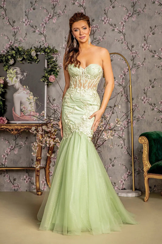 Embroidery Sheer Corset Bodice Trumpet Mesh Long Dress by Tux-USA