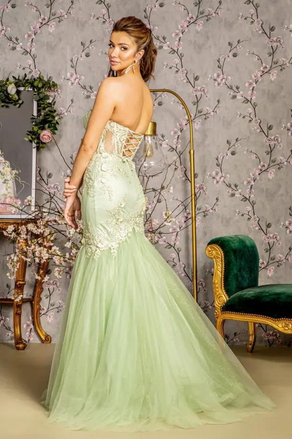 Embroidery Sheer Corset Bodice Trumpet Mesh Long Dress by Tux-USA