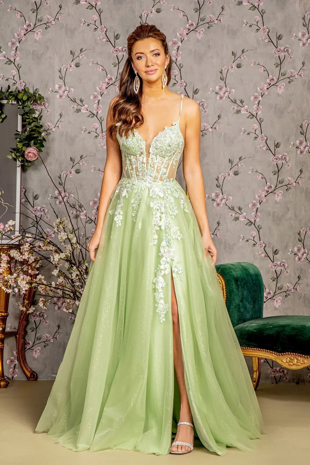 3-D Butterfly Sheer Corset Bodice Mesh A-line Long Dress by Tux-USA