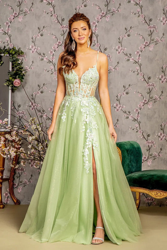 3-D Butterfly Sheer Corset Bodice Mesh A-line Long Dress by Tux-USA