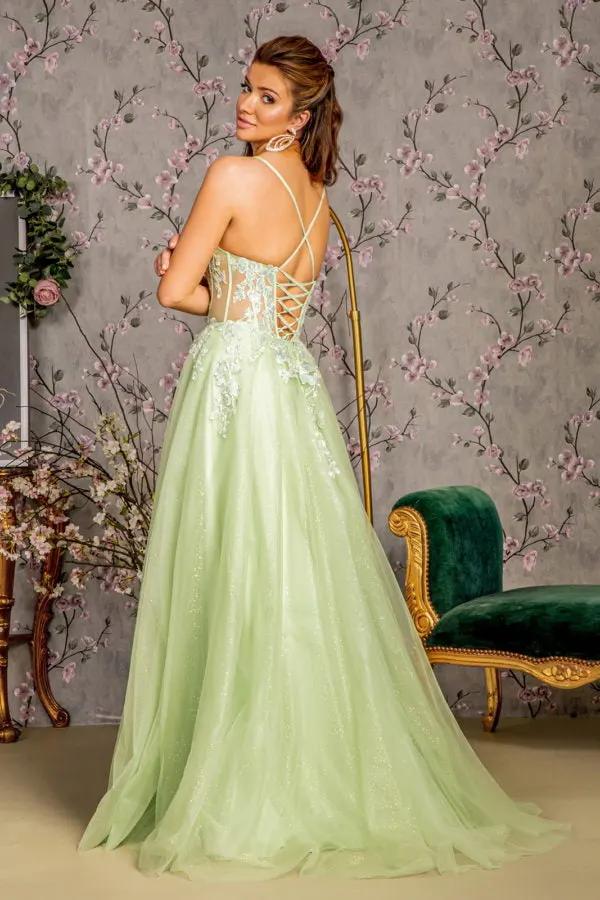 3-D Butterfly Sheer Corset Bodice Mesh A-line Long Dress by Tux-USA