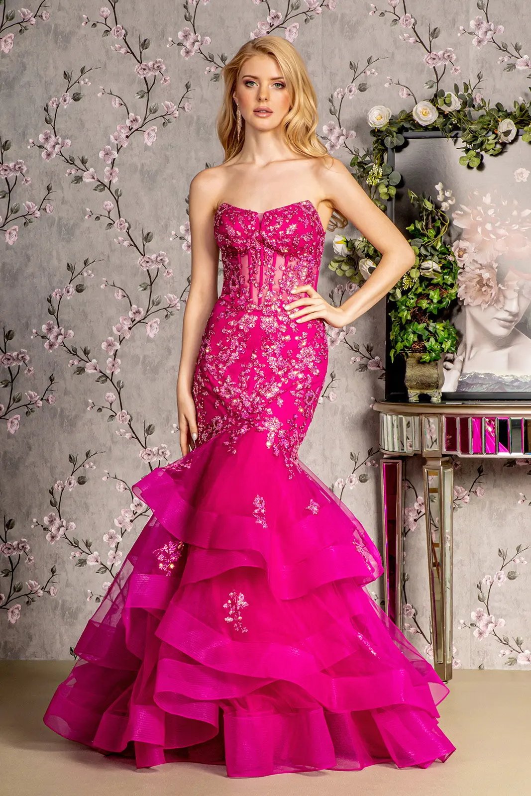 Sequin Sheer Bodice Ruffled Skirt Mesh Trumpet Long Dress by Tux-USA