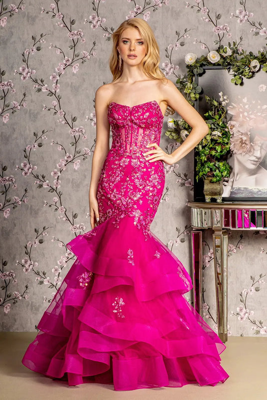 Sequin Sheer Bodice Ruffled Skirt Mesh Trumpet Long Dress by Tux-USA