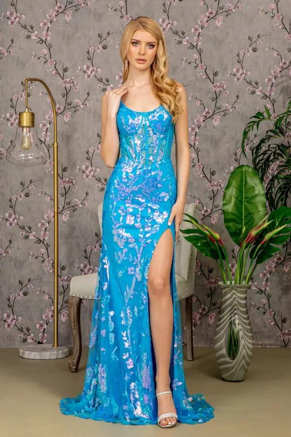 Sequin Cut-out Back Sheer Bodice Mesh Mermaid Long Dress by Tux-USA
