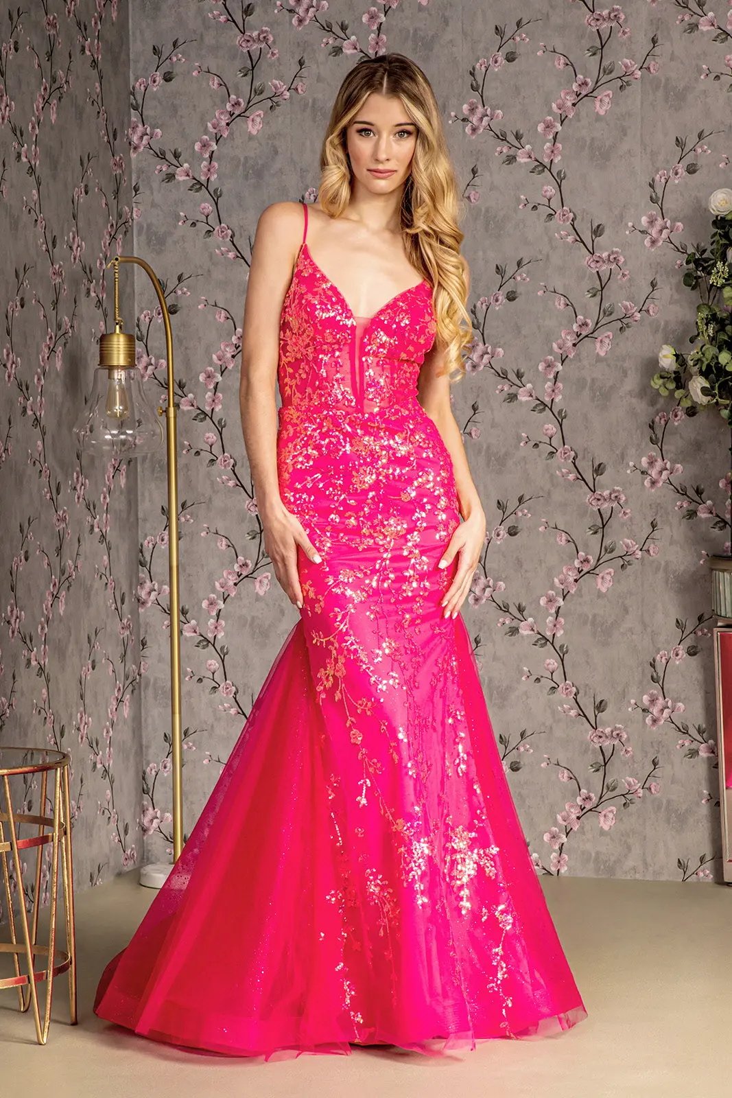 Glitter Sequin Sheer Bodice Mesh Trumpet Long Dress by Tux-USA