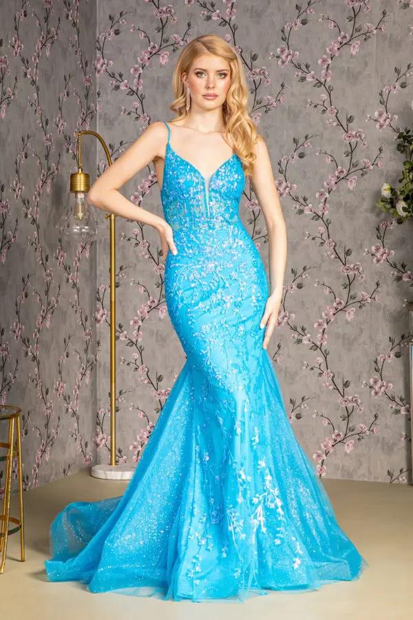 Glitter Sequin Sheer Bodice Mesh Trumpet Long Dress by Tux-USA