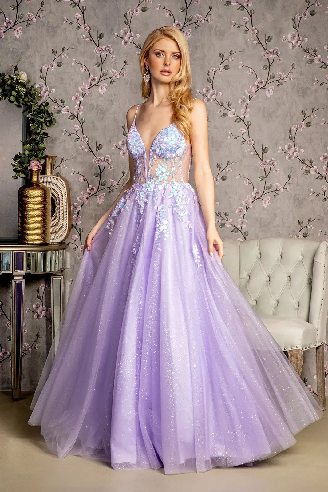 Sequin Glitter Sheer Bodice V-back Mesh A-line Long Dress by Tux-USA