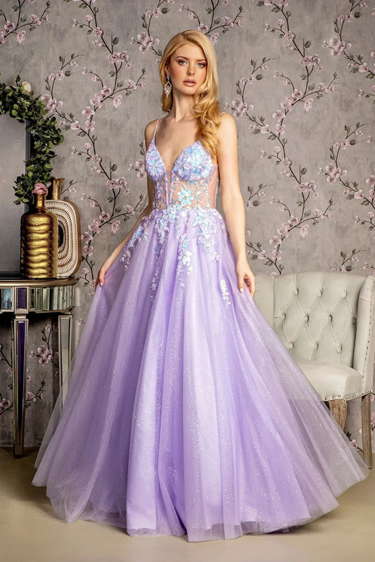Sequin Glitter Sheer Bodice V-back Mesh A-line Long Dress by Tux-USA