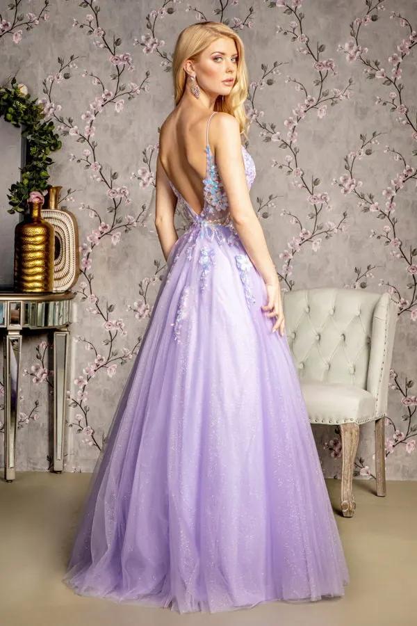 Sequin Glitter Sheer Bodice V-back Mesh A-line Long Dress by Tux-USA
