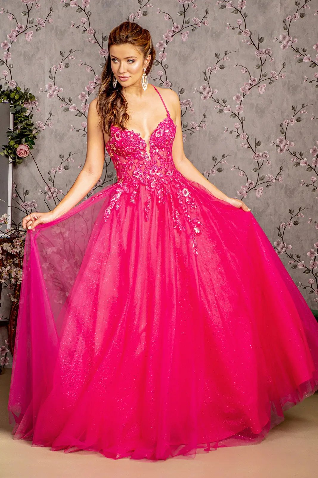 Sequin Glitter Sheer Corset Bodice Mesh A-line Long Dress by Tux-USA