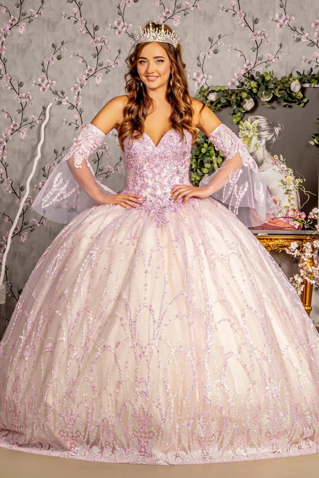 Jewel Sequin Mesh Ball Gown w/ Detachable Long Sleeves by Tux-USA