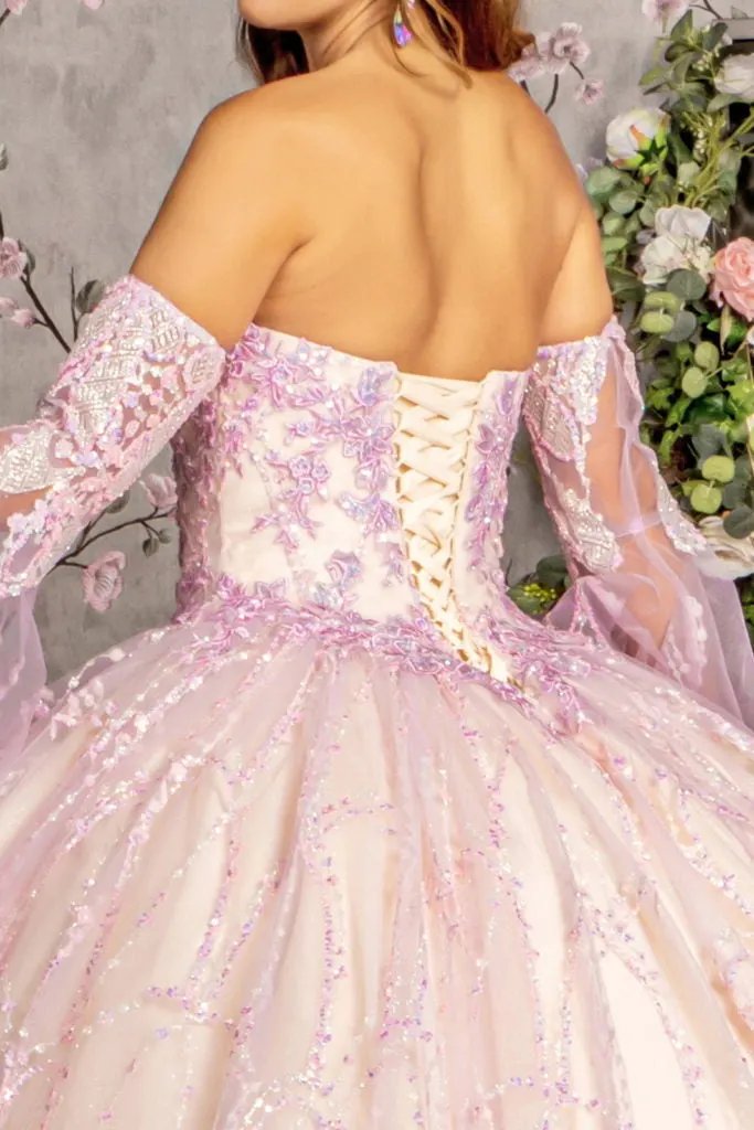 Jewel Sequin Mesh Ball Gown w/ Detachable Long Sleeves by Tux-USA