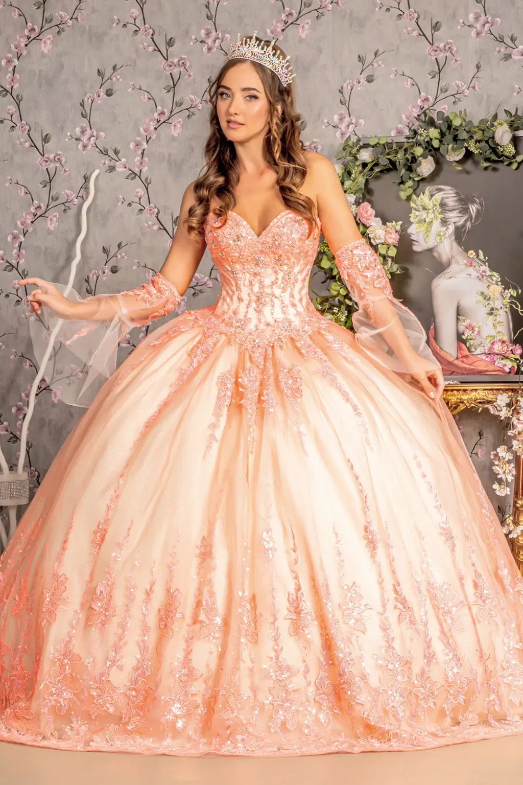 Jewel Sequin Sweetheart Mesh Ball Gown w/ Long Sheer Sleeves by Tux-USA