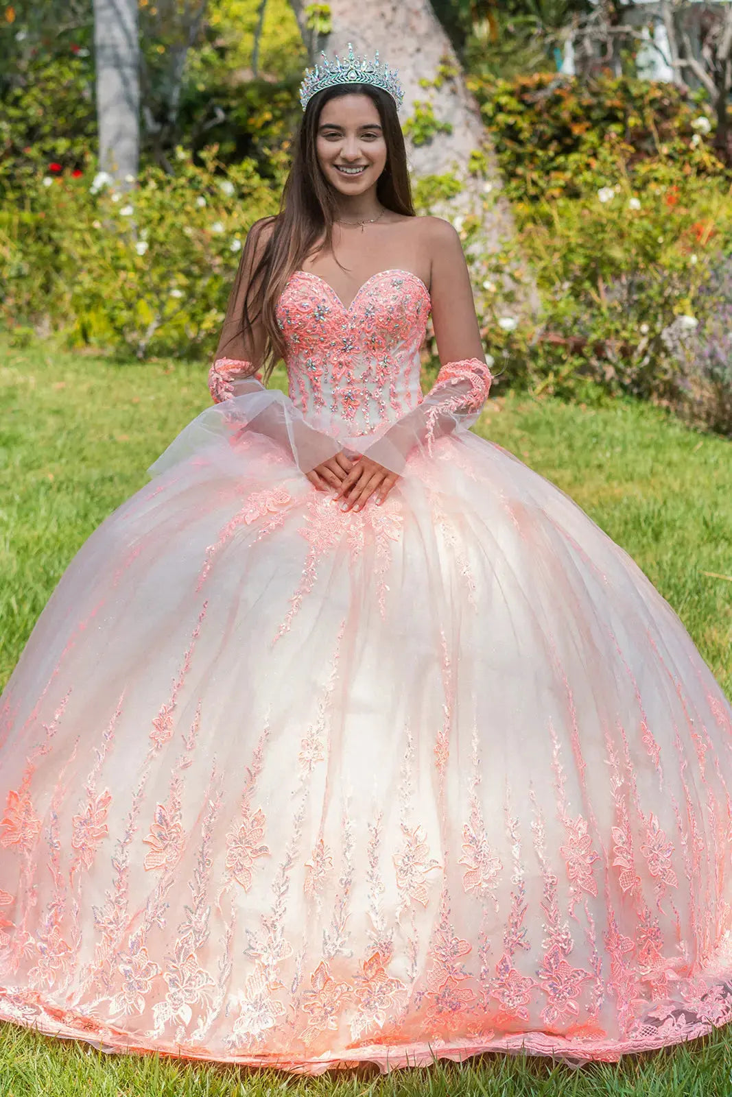 Jewel Sequin Sweetheart Mesh Ball Gown w/ Long Sheer Sleeves by Tux-USA
