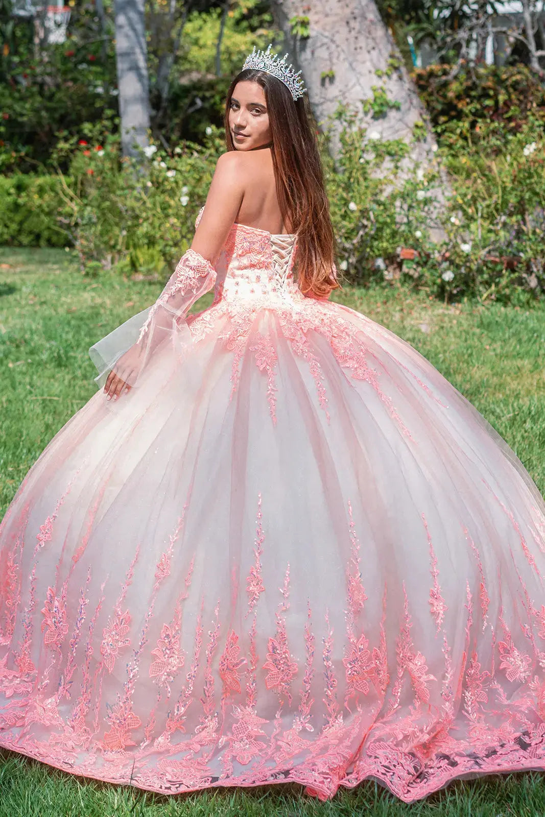 Jewel Sequin Sweetheart Mesh Ball Gown w/ Long Sheer Sleeves by Tux-USA